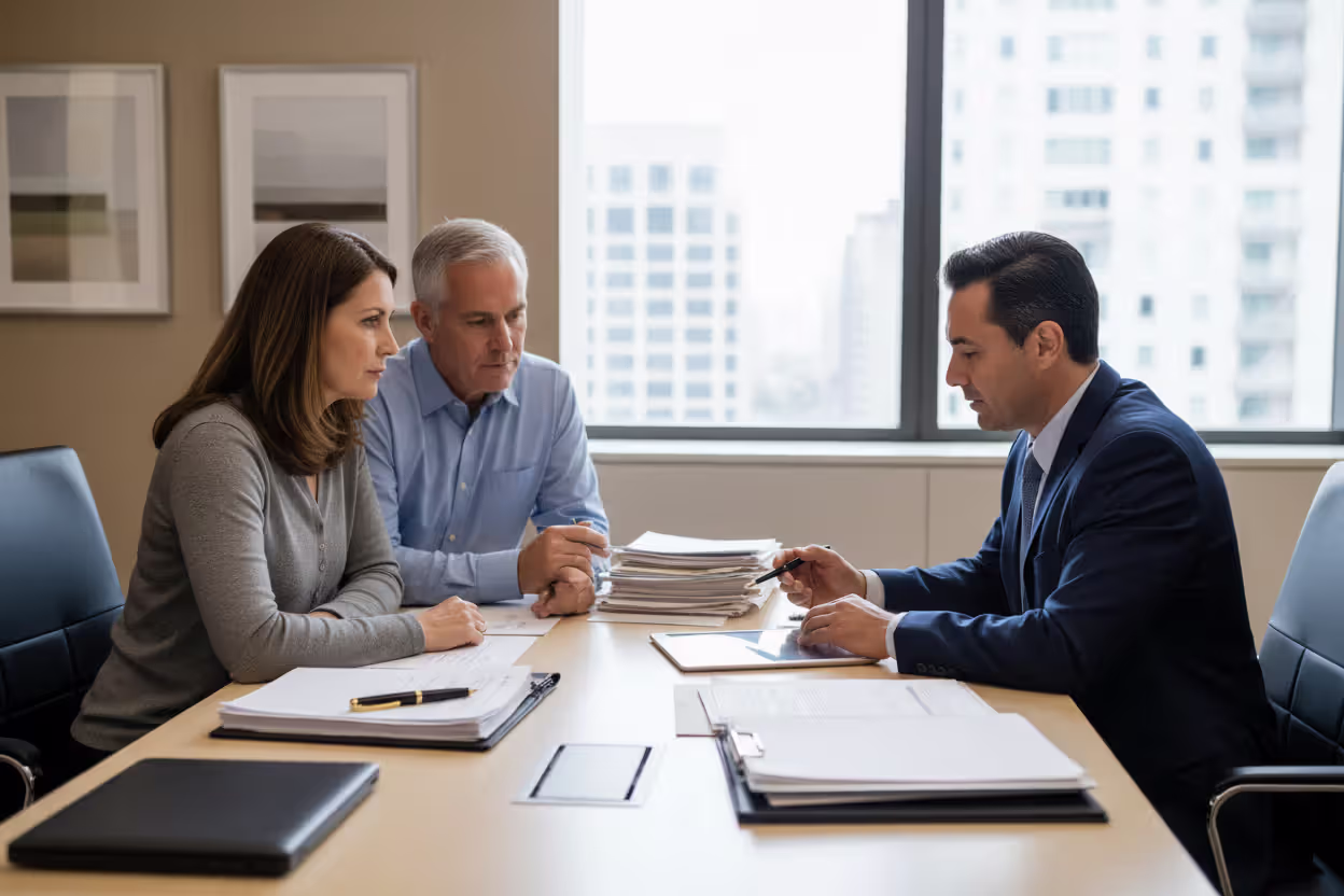 Couple reviewing estate planning documents with an attorney
