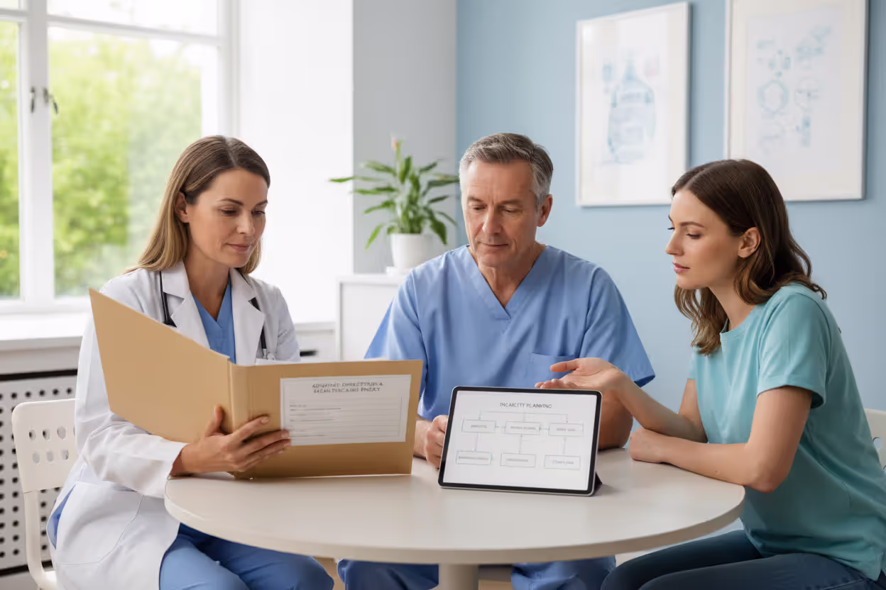 Patient discussing healthcare directive documents with family and doctor