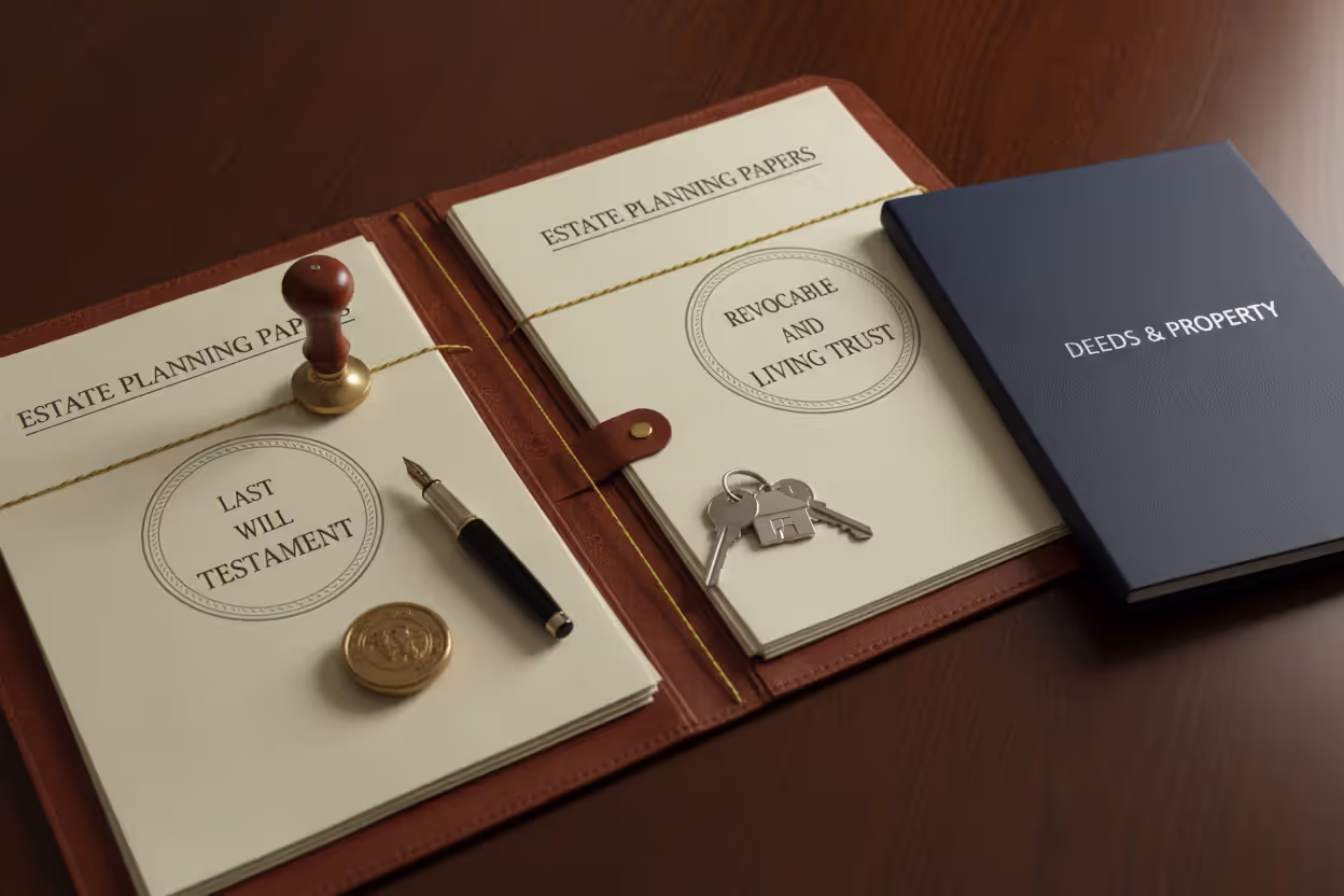 Estate planning documents with home keys and trust paperwork