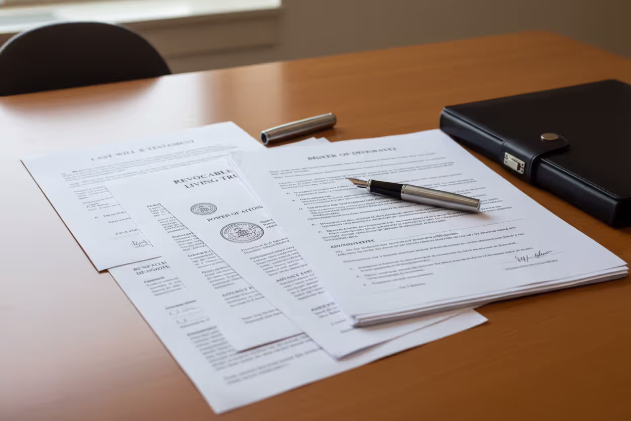 Essential estate planning documents laid out on a desk