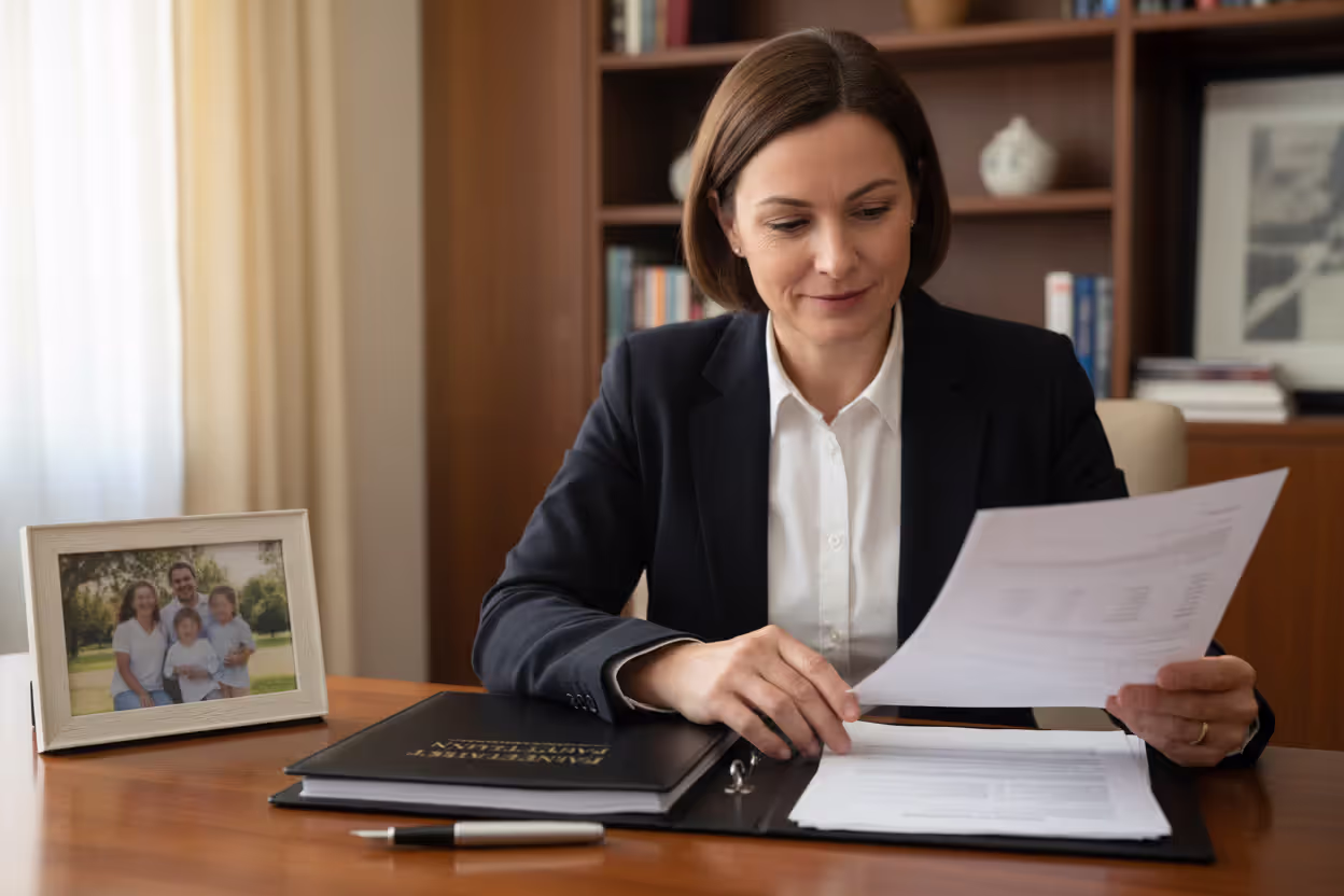 Adult reviewing a trust plan for children with family-related documents