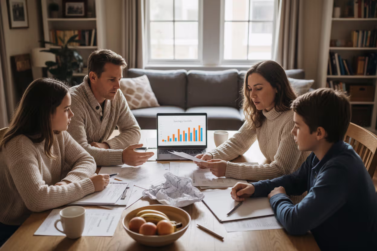 Family reviewing budget and savings plans at home