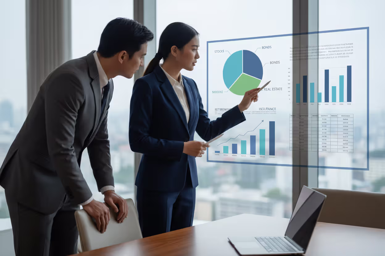 Advisor explaining investment allocation and retirement planning to a client