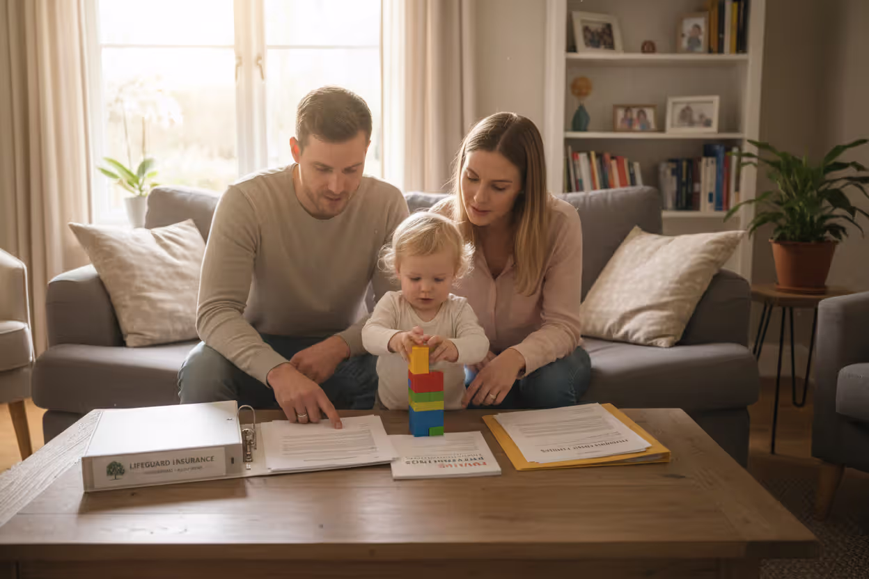 Young family reviewing insurance and estate documents at home