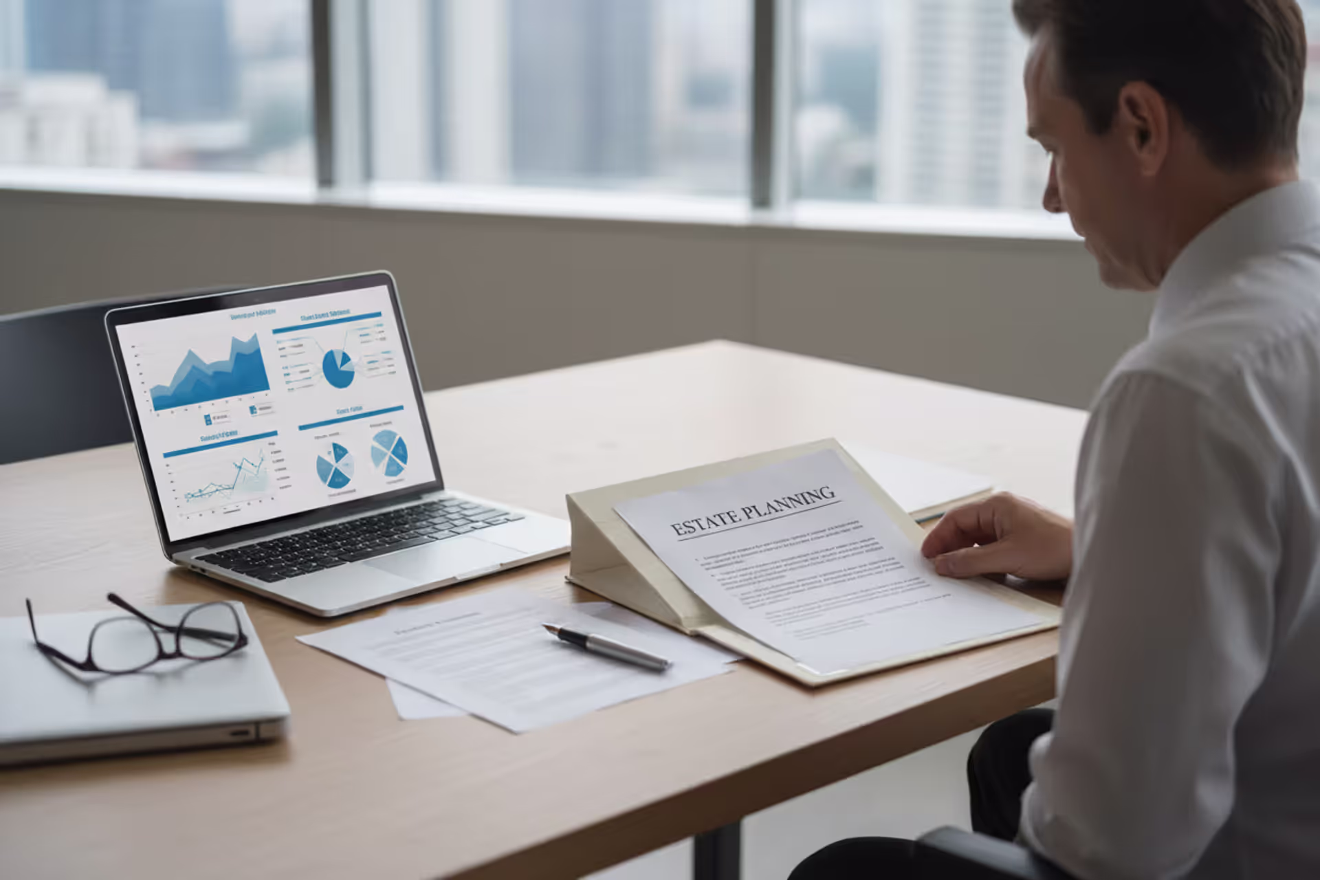 Estate planning documents on a desk with laptop and pen