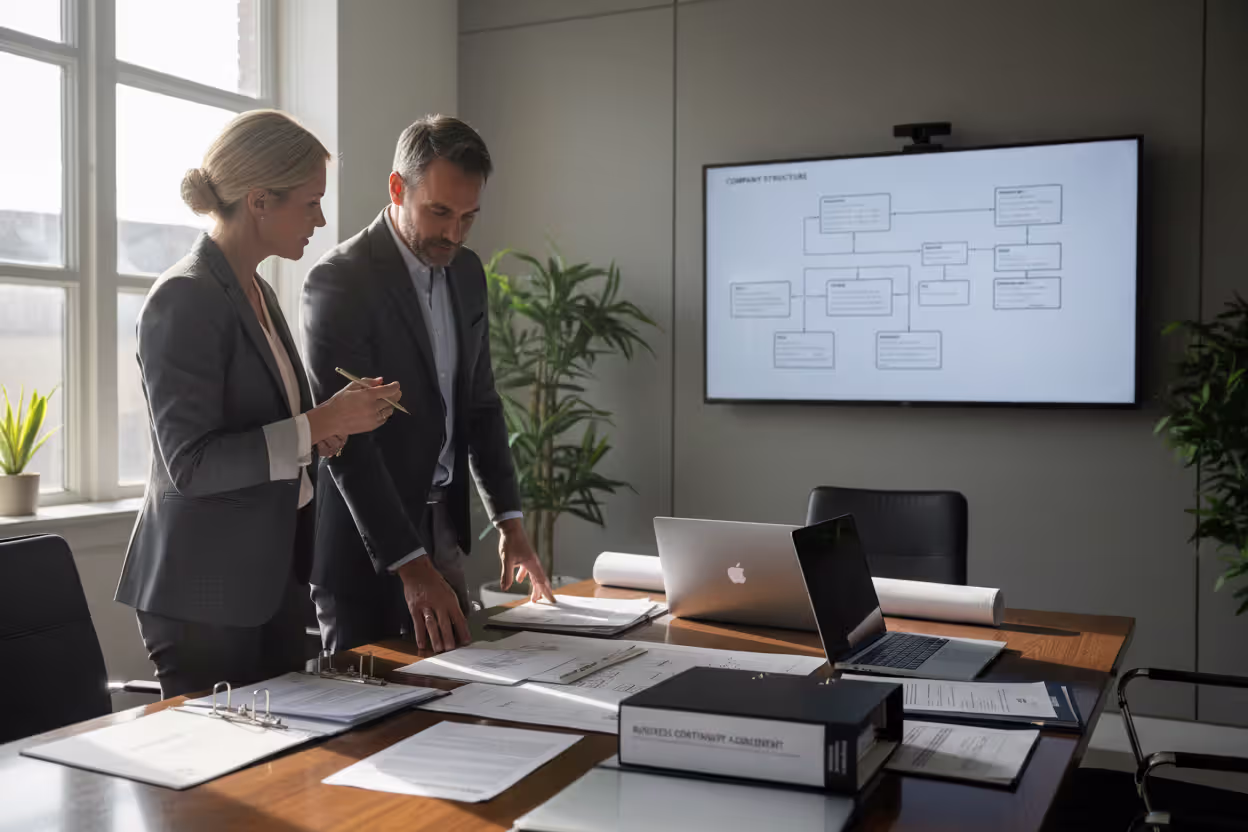 Business owners discussing succession planning documents in an office