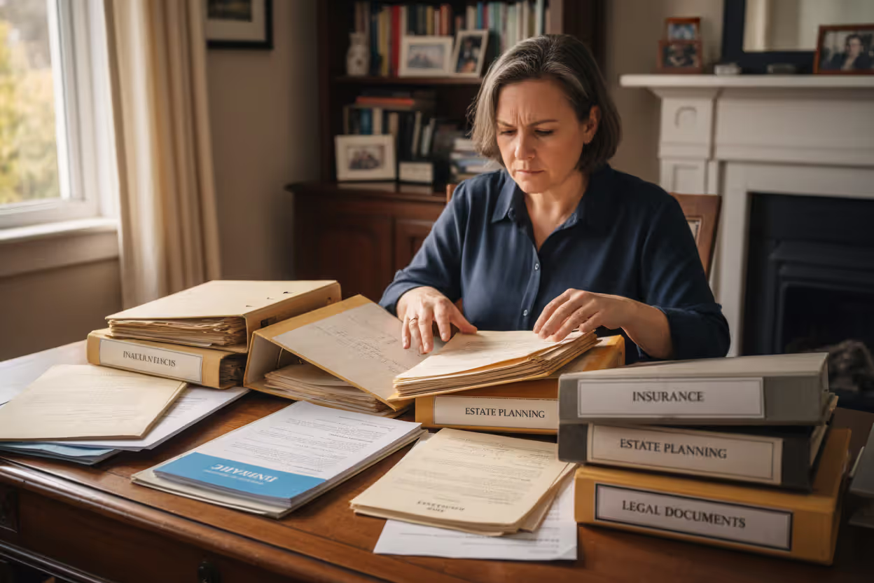 Person reviewing outdated estate documents at home