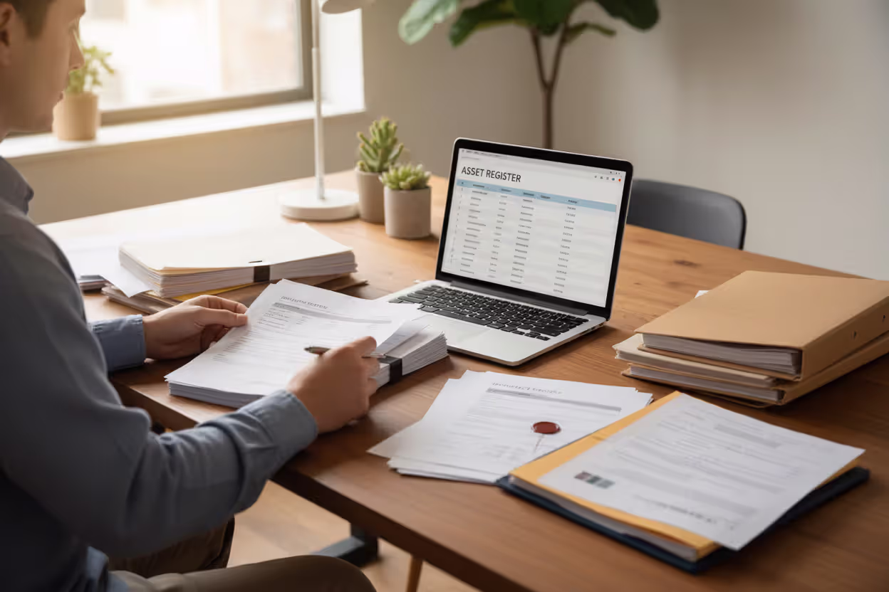 Person organizing estate planning and financial documents at home