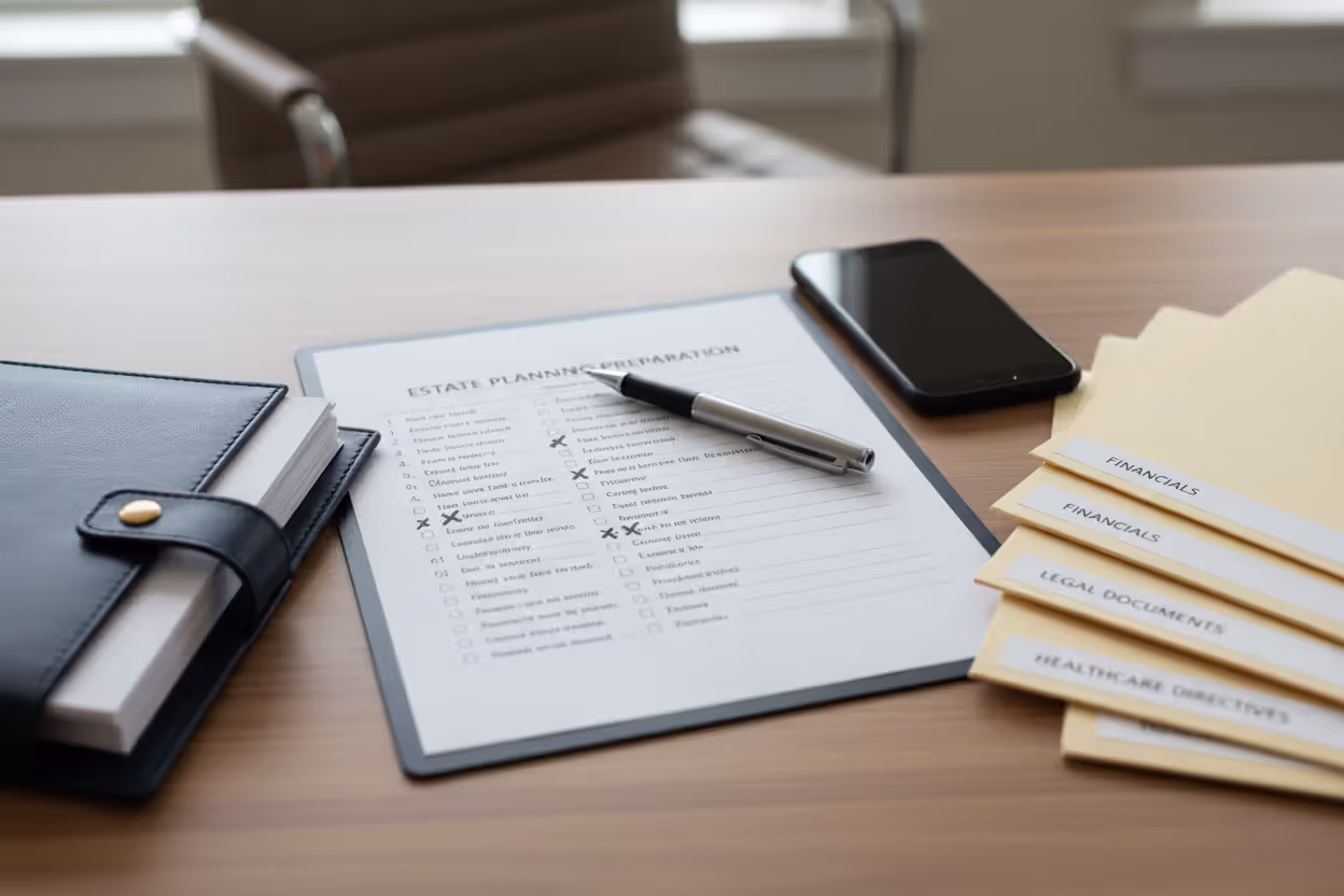 Printable estate planning checklist with documents and pen