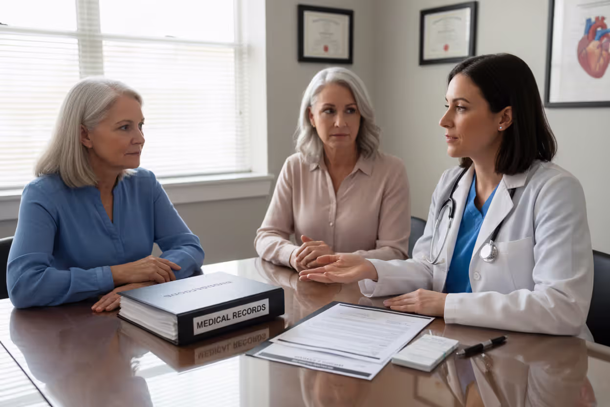 Patient, healthcare proxy, and doctor discussing advance directive forms