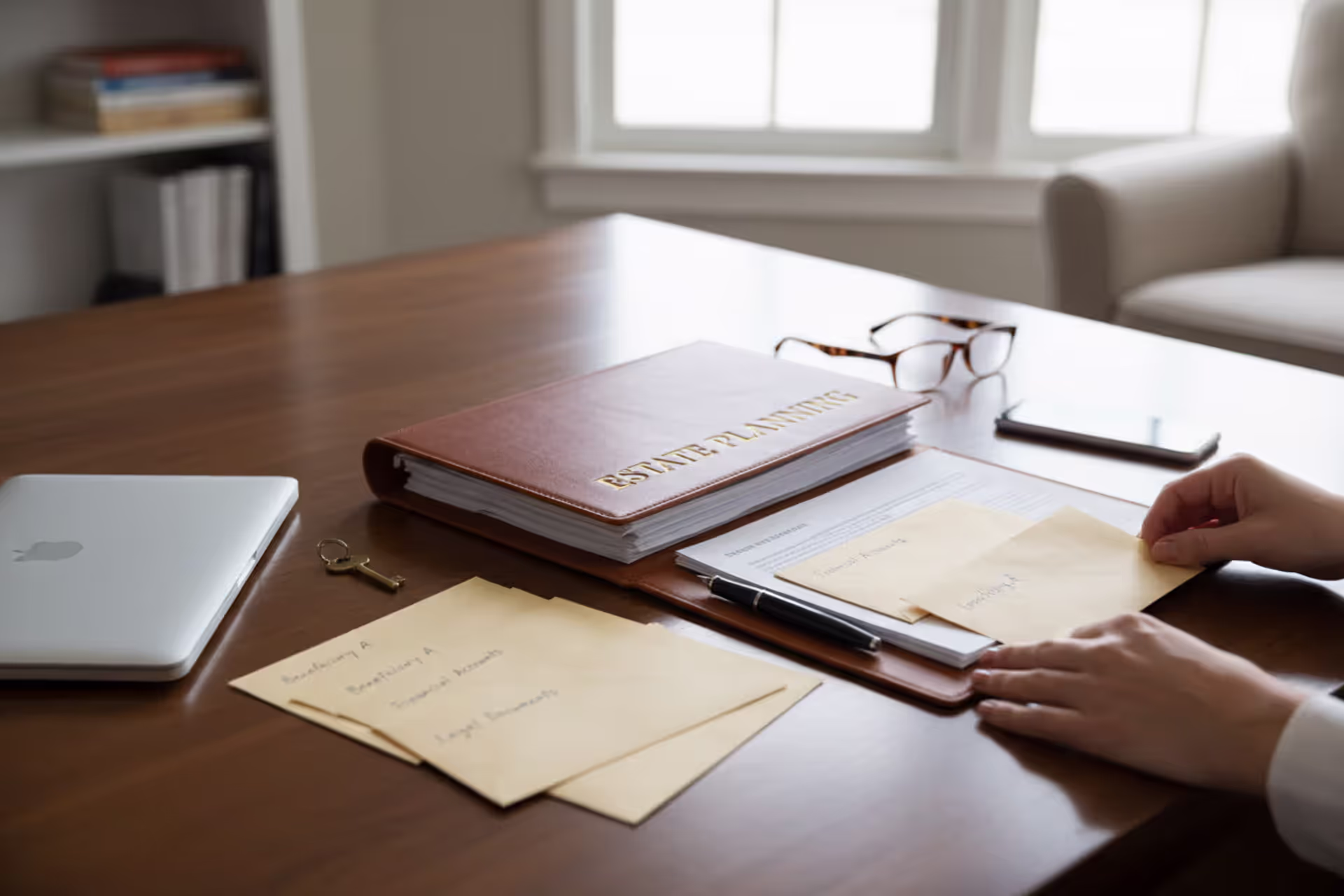 Estate planning binder and important personal documents arranged on a desk