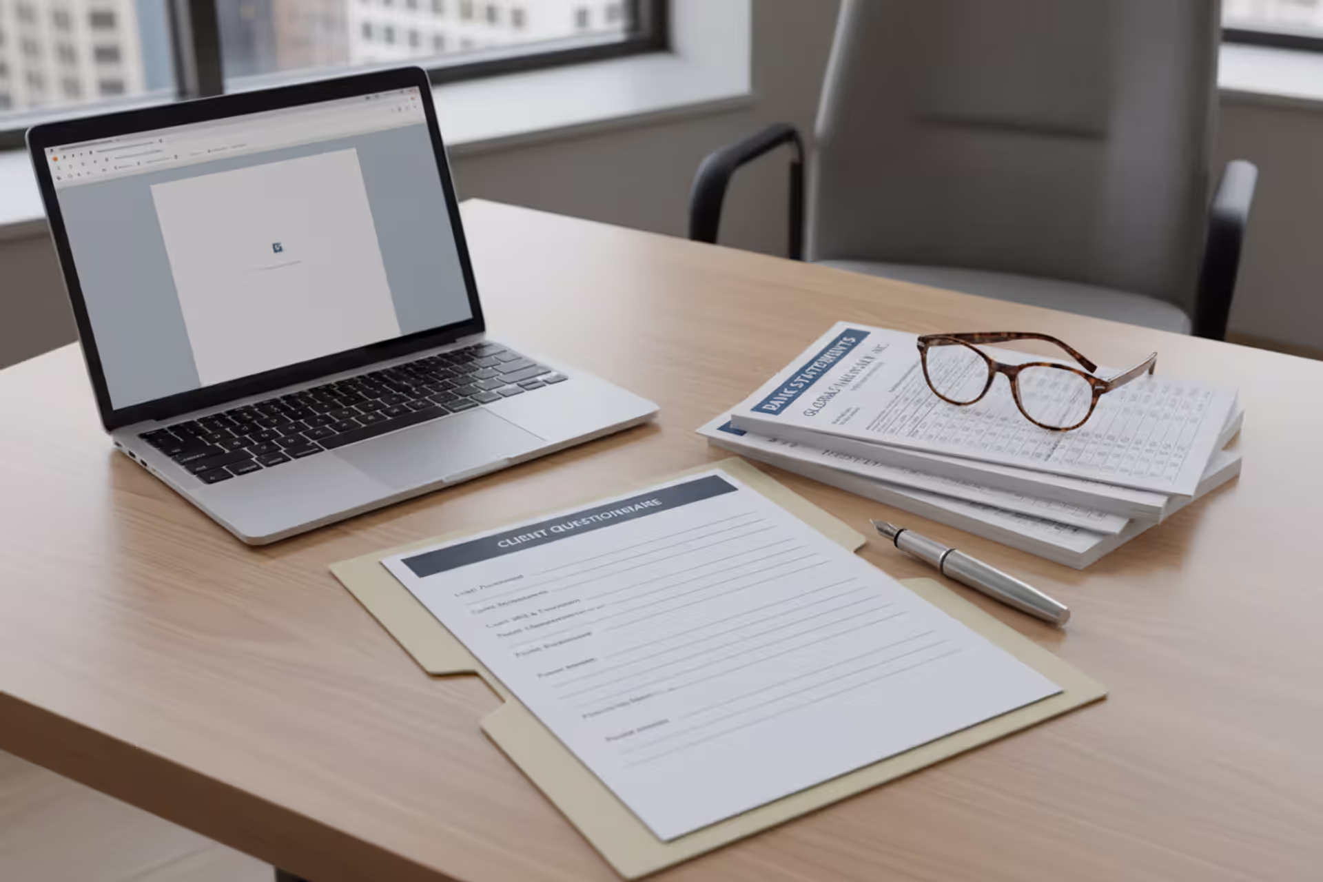 Estate planning questionnaire with financial documents on a desk