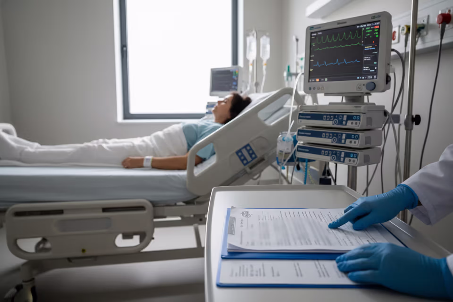 Patient in hospital bed with advance medical documents and doctor nearby