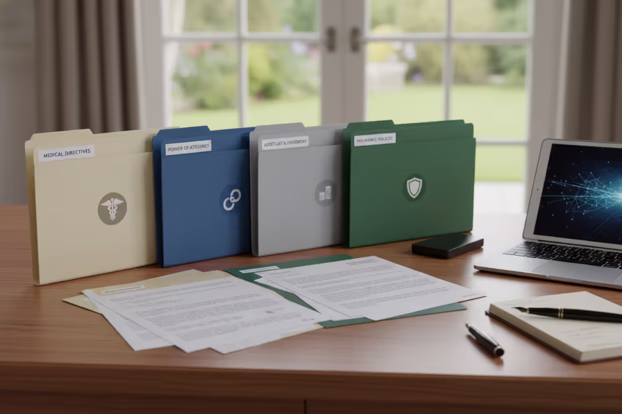 Essential estate planning paperwork arranged on a desk