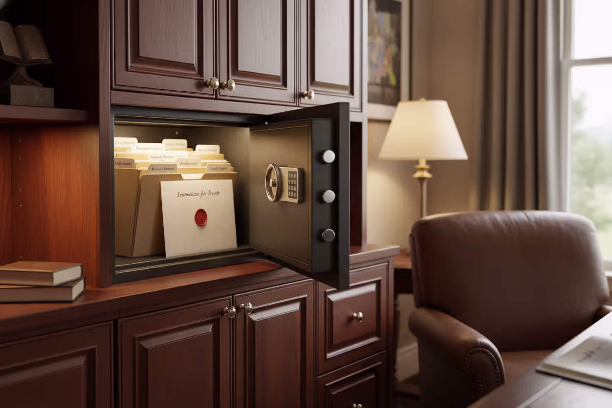 Fireproof safe storing estate planning documents at home