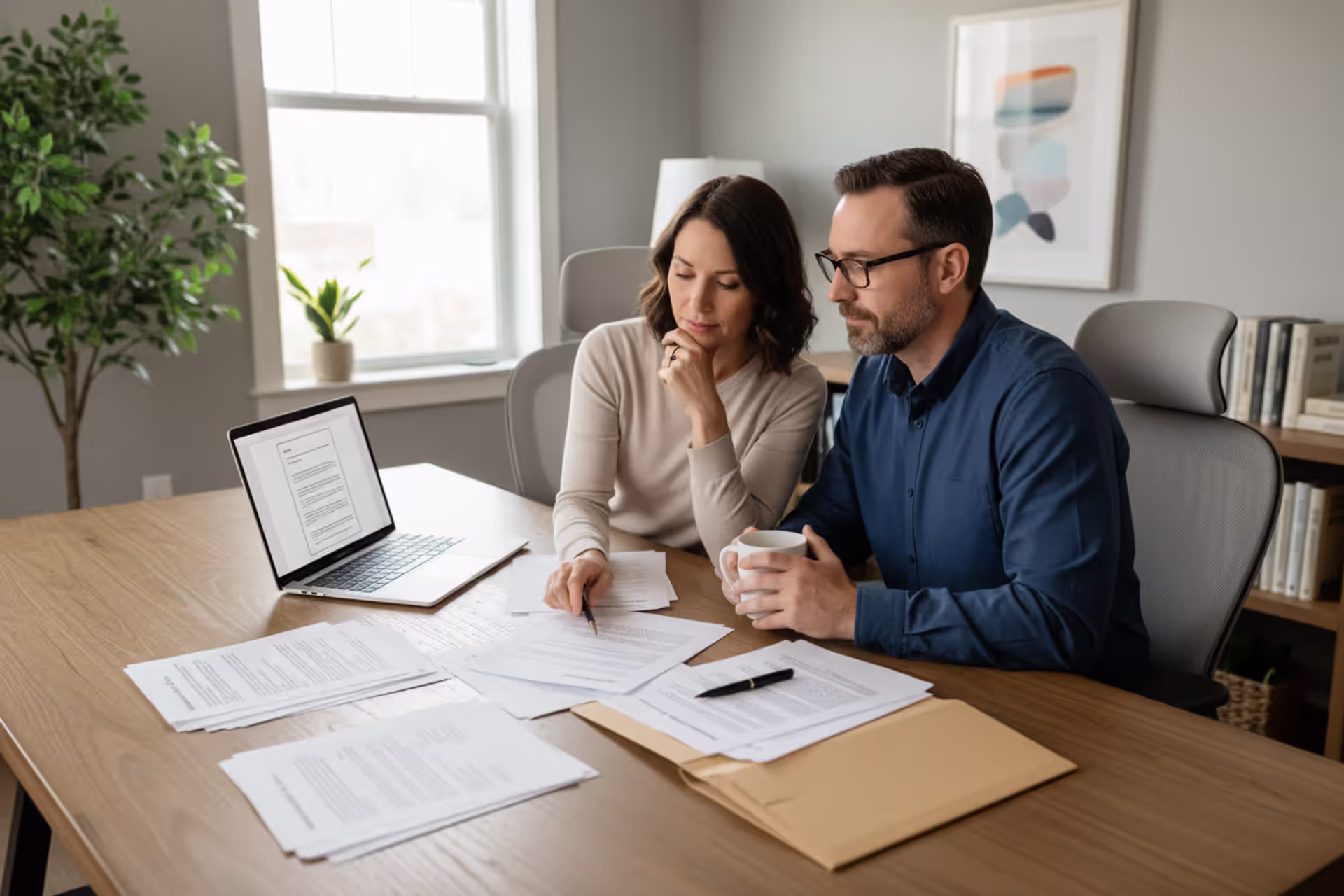 Couple reviewing estate planning documents at home