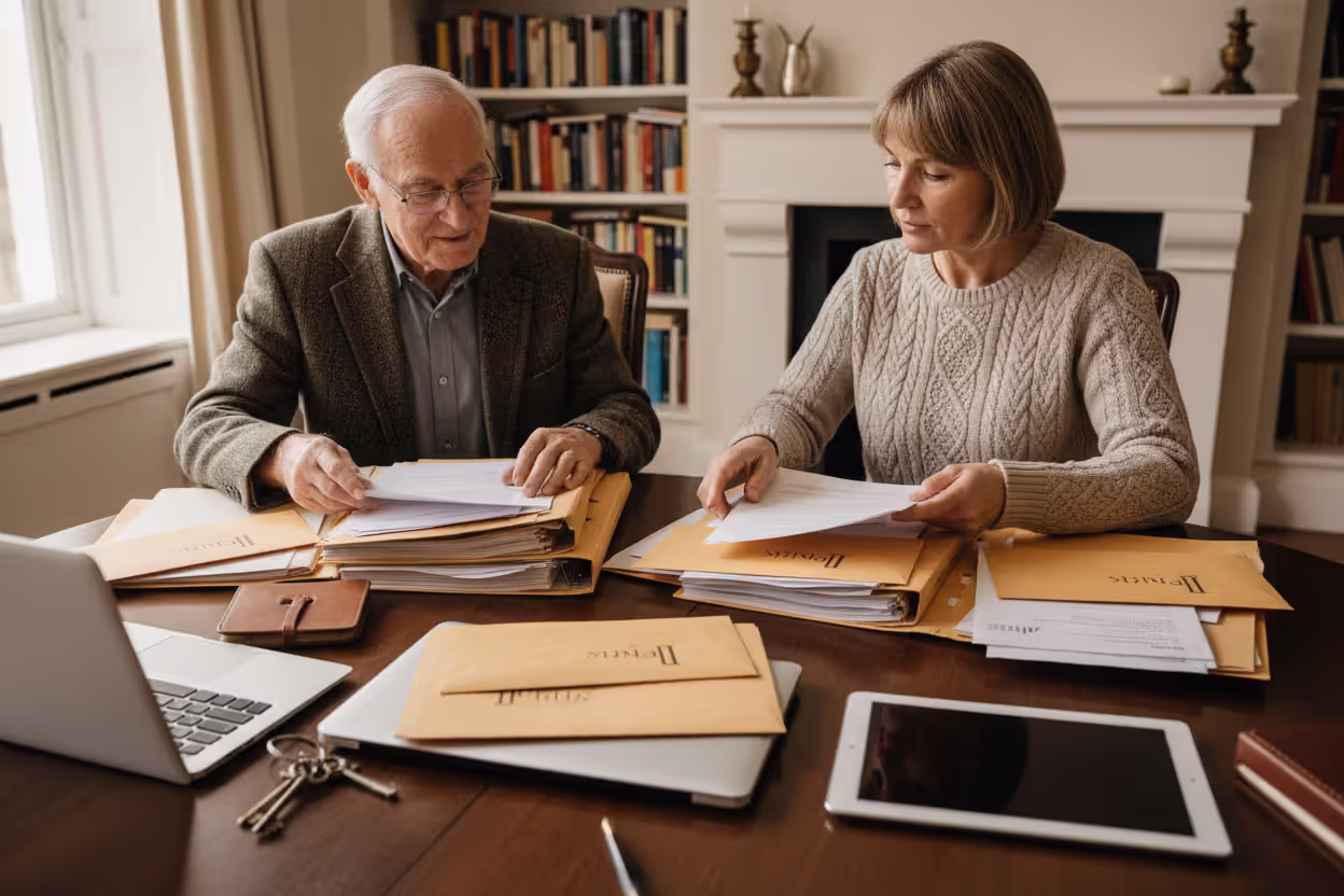 Senior and family member reviewing assets and ownership documents
