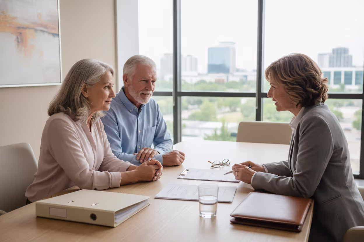 Elderly couple consulting an advisor about long-term care and estate planning