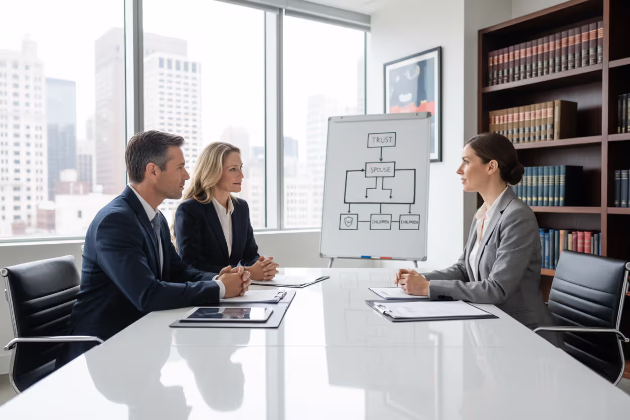 Couple meeting with an estate planning attorney about a trust
