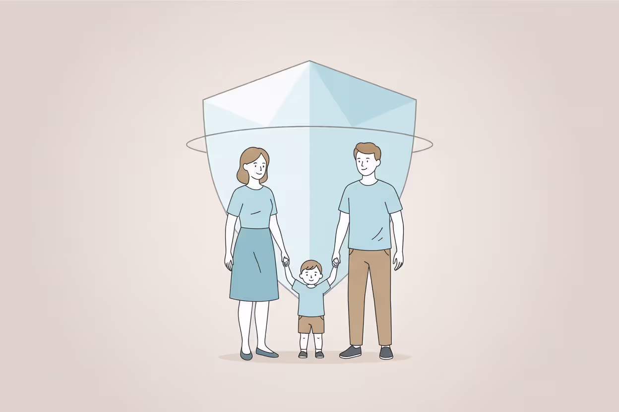 Parents holding hands with a small child standing under a transparent protective shield symbolizing legal family protection
