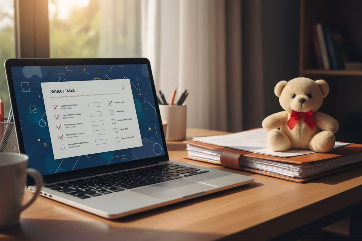 Open laptop displaying a checklist interface on a home desk next to a document folder and a small teddy bear toy