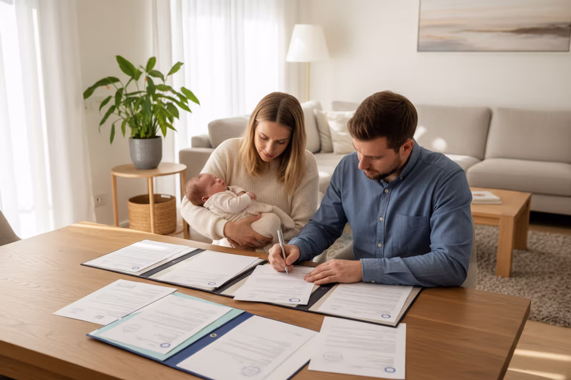 Young couple with a newborn baby sitting at a table reviewing and signing legal estate planning documents in a bright living room