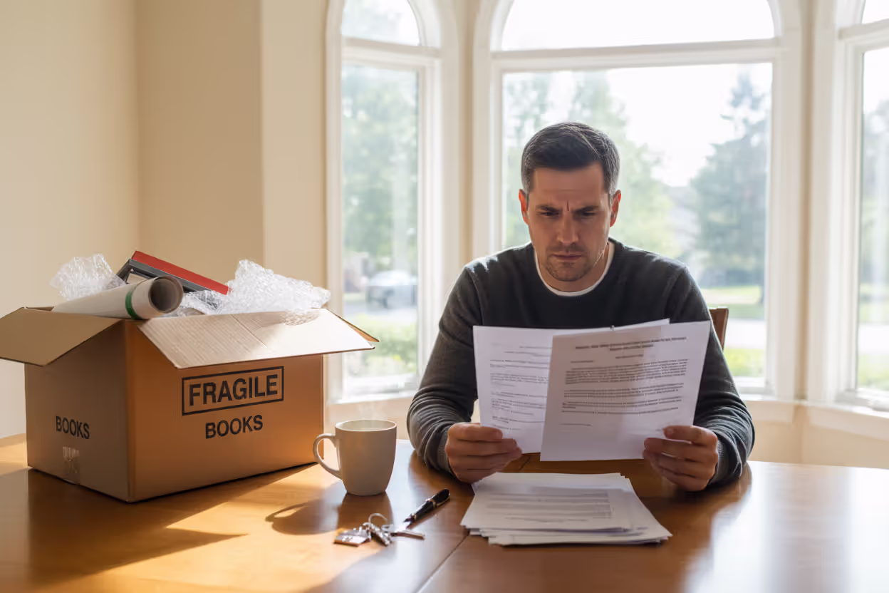 Person reviewing estate planning documents at home with moving boxes and new house keys on the table