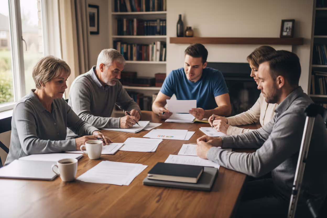 Multigenerational family including a young adult with a disability gathered around a table discussing estate planning documents