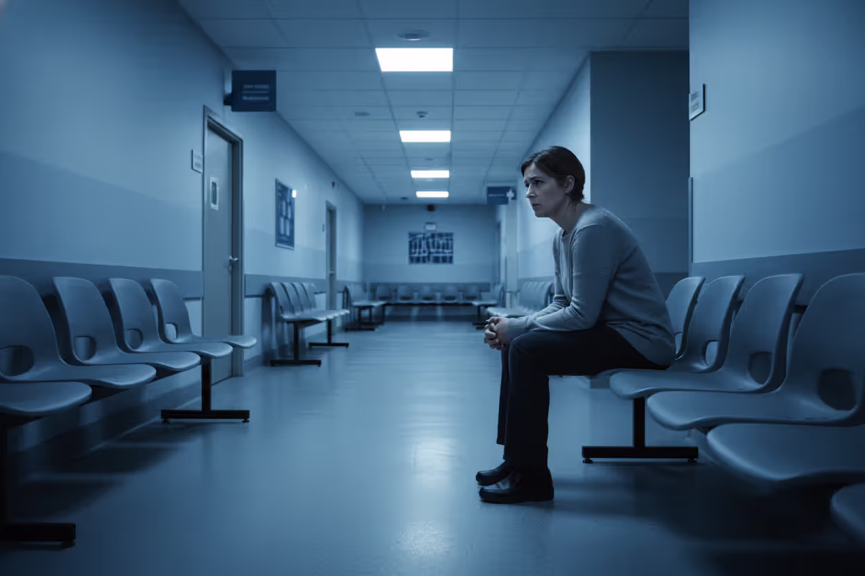 Woman sitting alone in a hospital waiting room looking worried with empty chairs around her under fluorescent lighting
