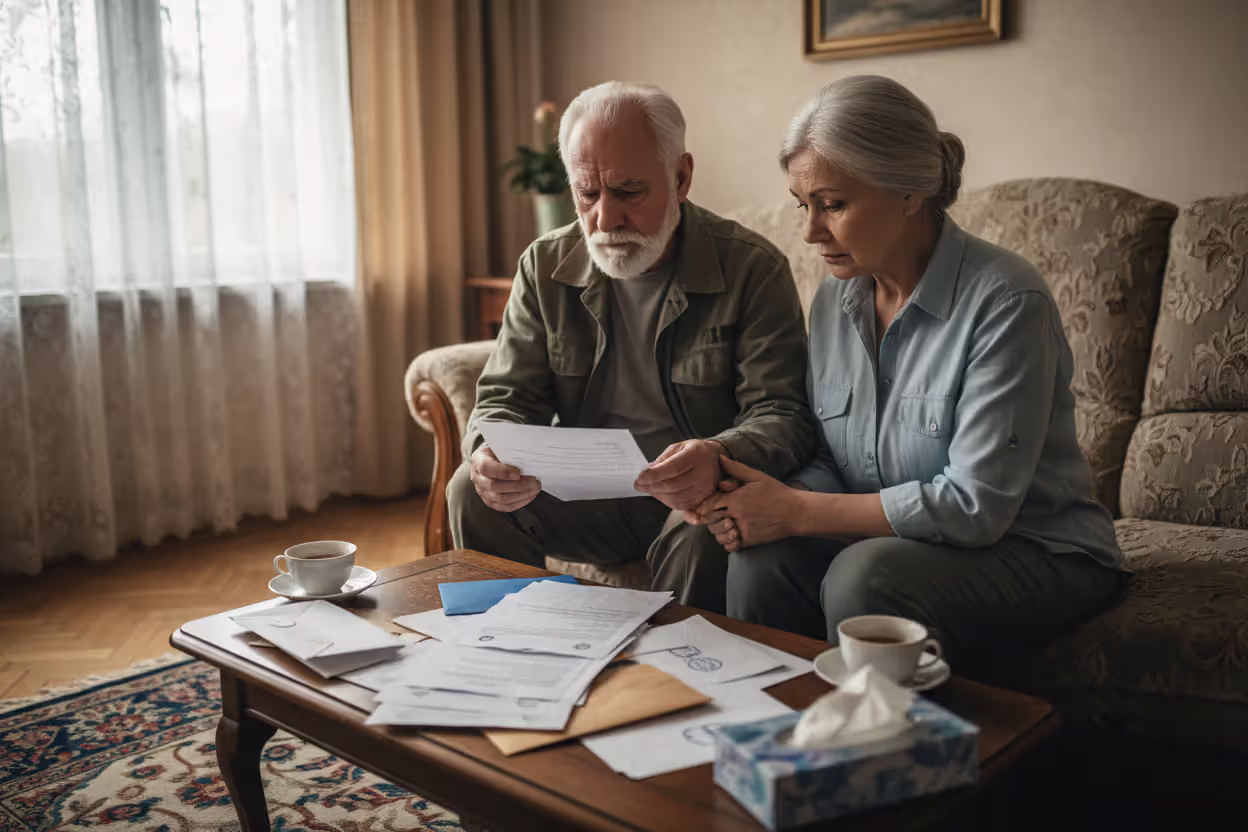 An elderly retired military veteran and his worried wife sitting on a living room couch with official letters and documents on the coffee table in front of them