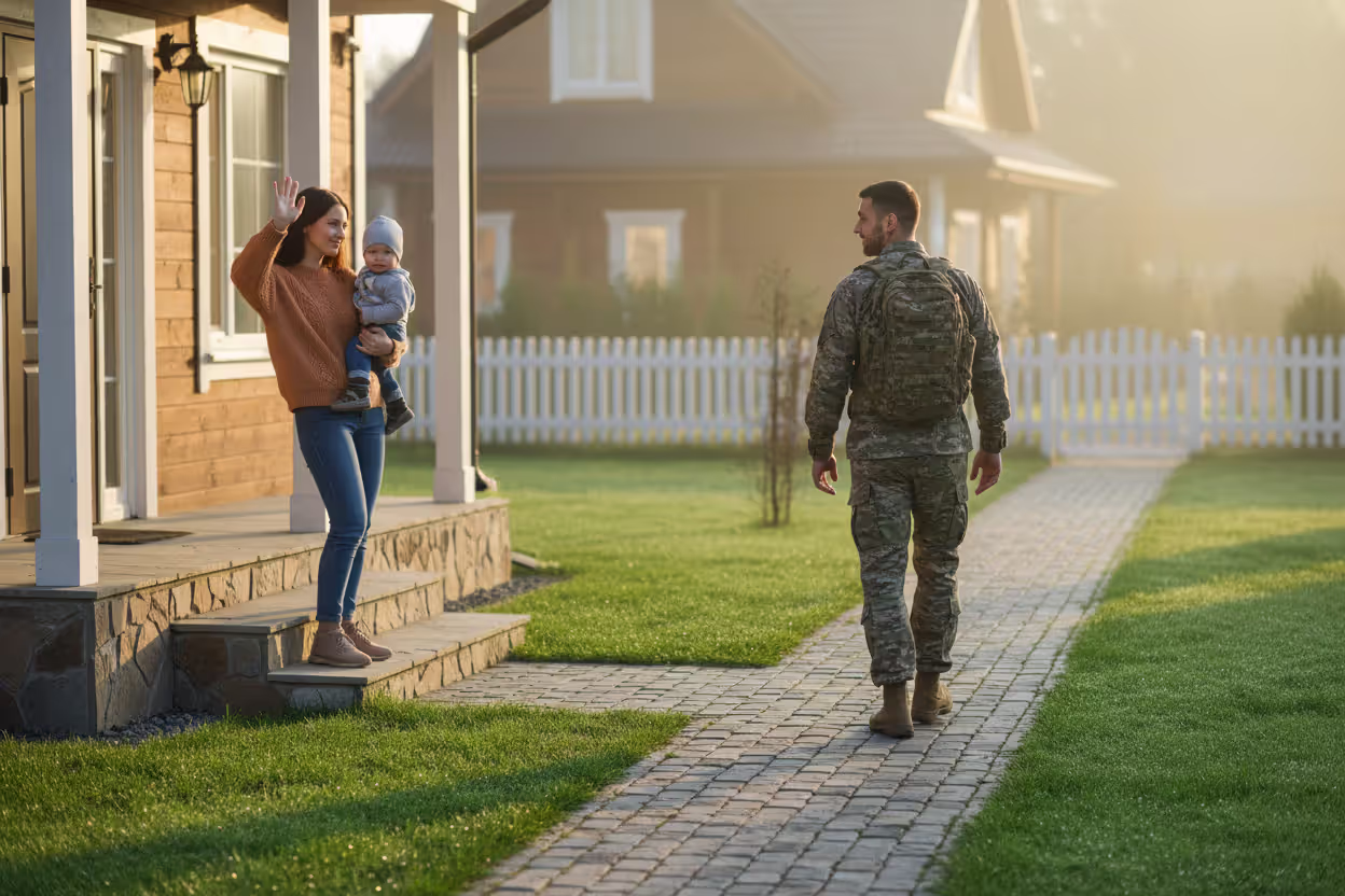 A military service member in uniform walking away from the front door of a house while his wife holding a small child watches from the doorway in morning light