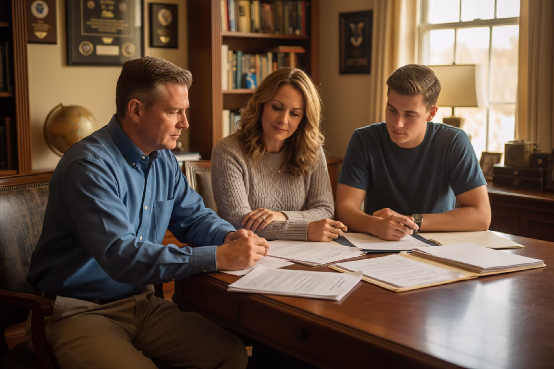 A middle-aged American military veteran sitting at a home office desk with his wife and adult son, reviewing official estate planning documents together in warm lighting