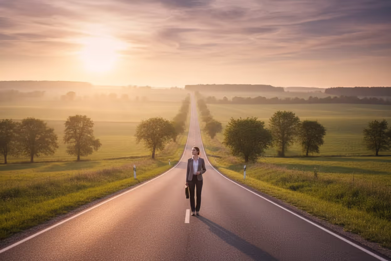 Woman standing on a long winding road stretching toward the horizon at golden hour symbolizing long-term life planning