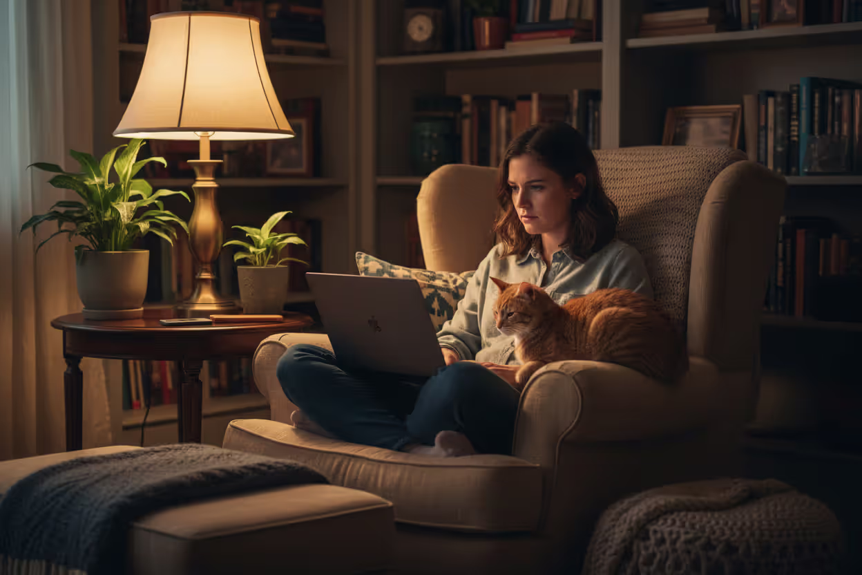 Single woman sitting in a cozy armchair at home with a laptop and a pet nearby researching financial planning