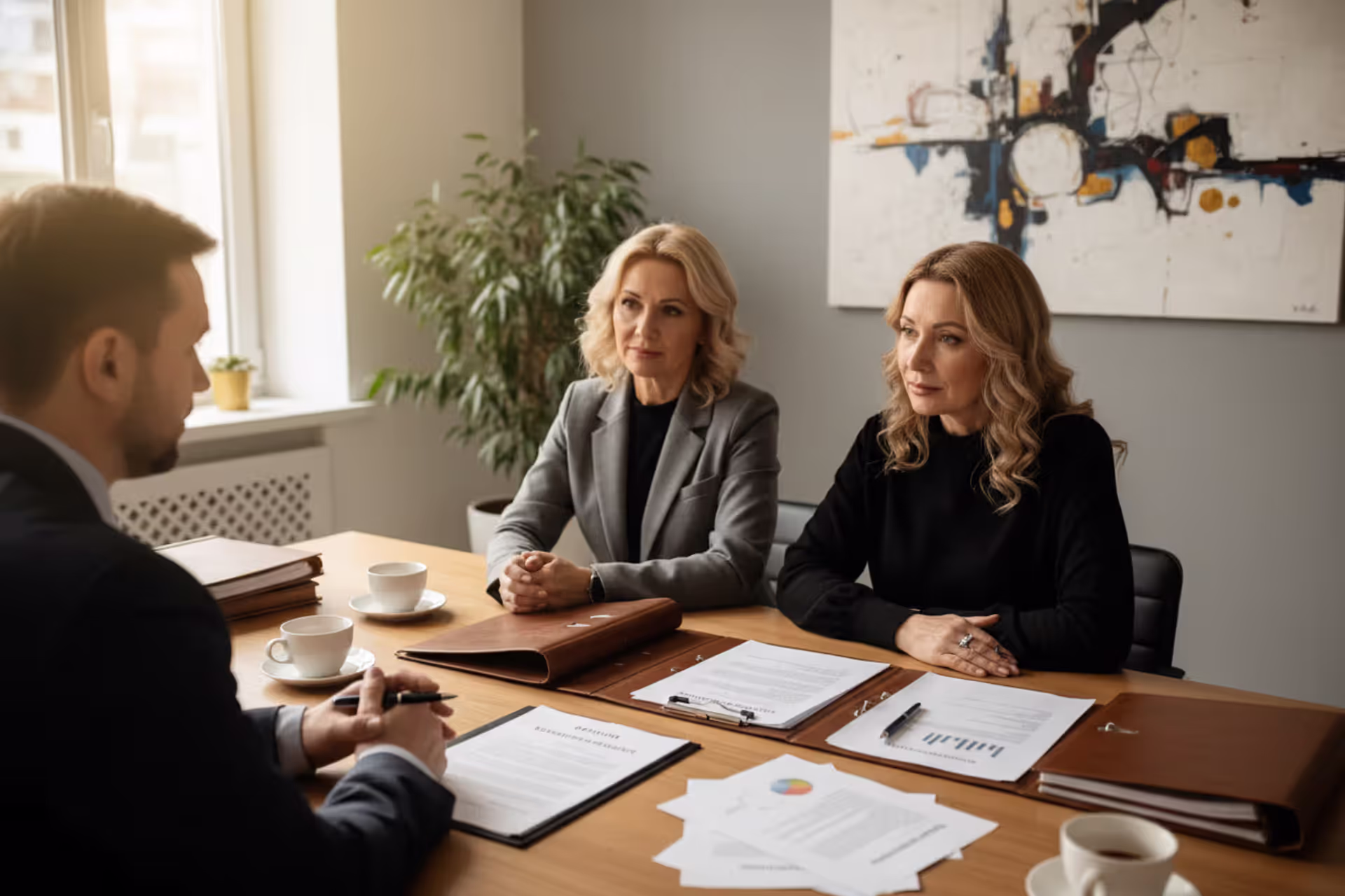 Two women sitting at a desk with a lawyer reviewing legal estate planning documents in a modern office with natural light
