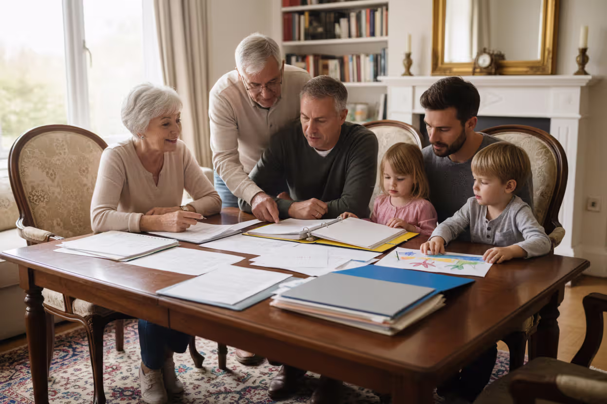 Multigenerational family with grandparents parents and children discussing financial documents together in a living room