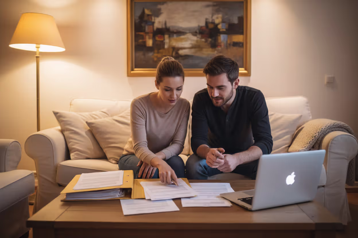 Young couple sitting on a couch in a cozy living room reviewing financial documents together with a laptop on the coffee table