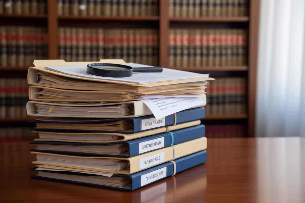 Stack of legal folders on an office desk with a magnifying glass on an open folder and blurred bookshelves with law books in the background