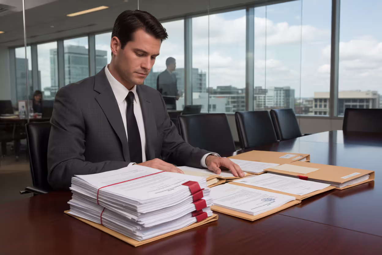 Business professional reviewing legal documents in a modern office conference room