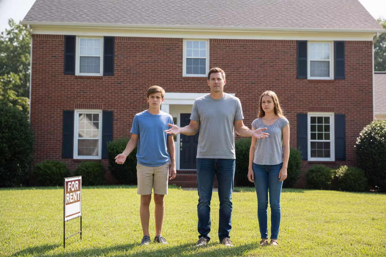 Four adult siblings standing in front of a brick rental house with concerned expressions discussing property inheritance