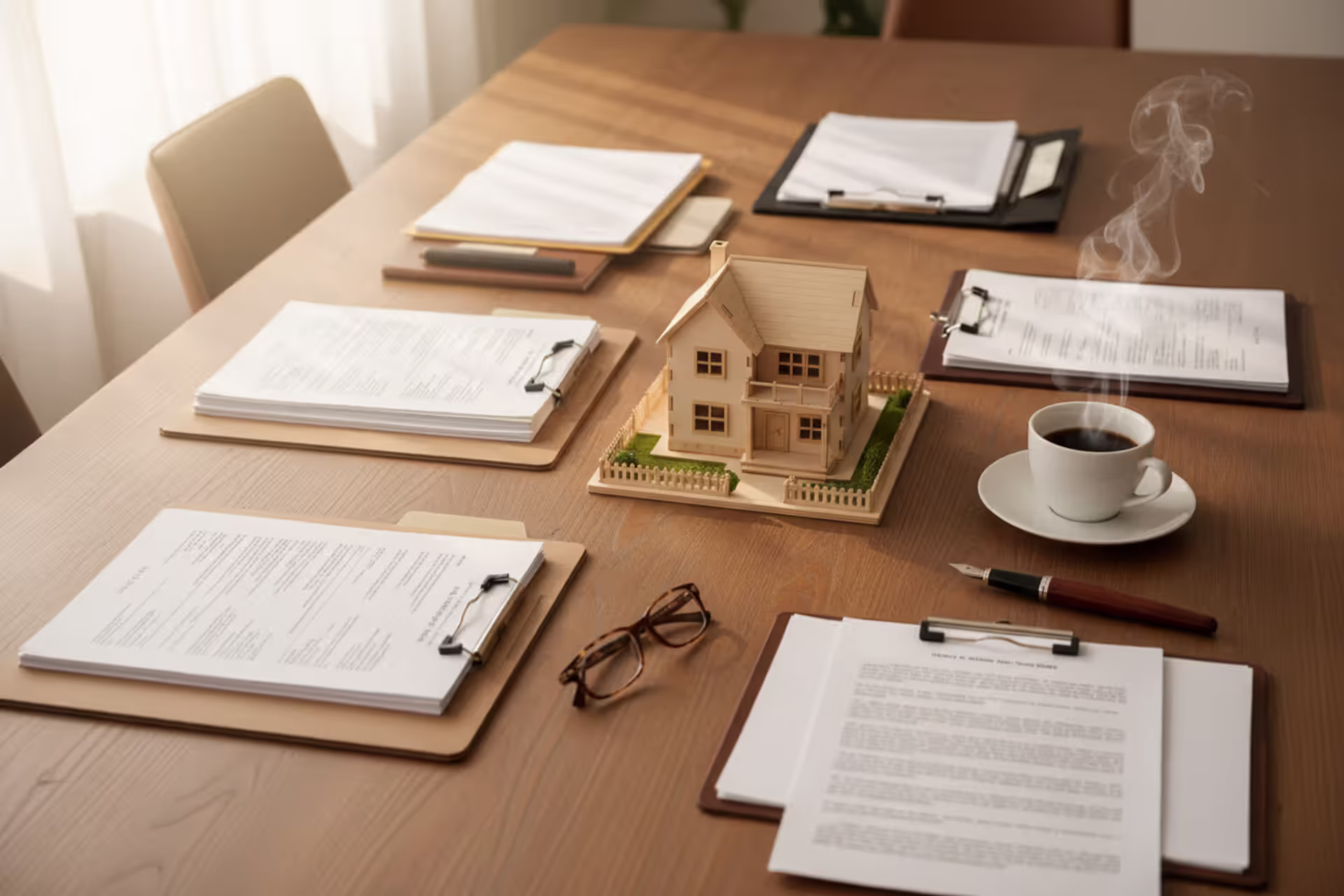 Overhead view of a wooden desk with estate planning documents, folders, a pen, eyeglasses, a miniature house model, and a coffee cup in warm natural light