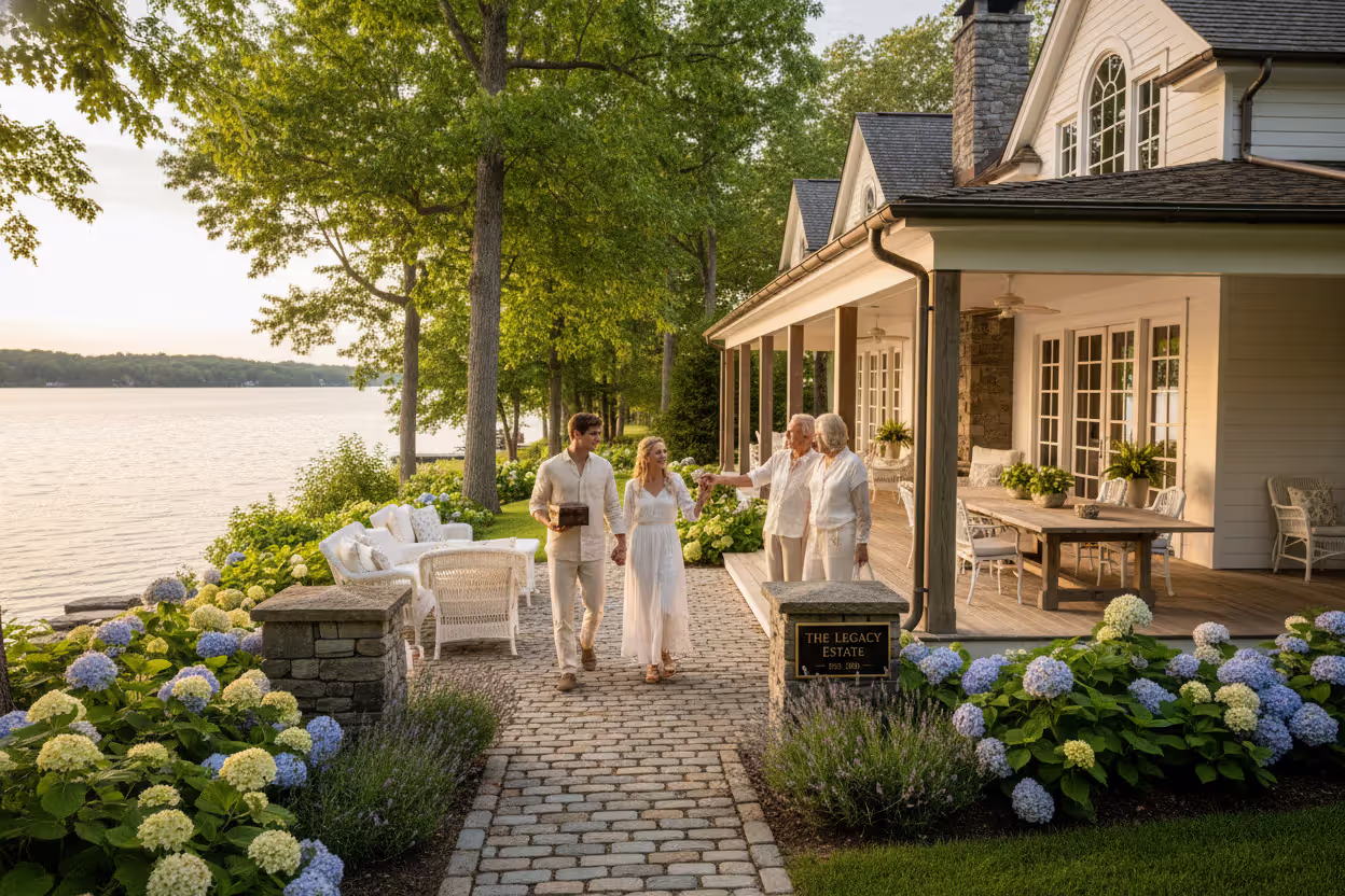Elegant waterfront vacation home with a large porch surrounded by greenery and a pathway leading to the entrance