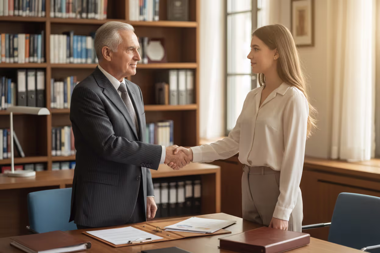 Elderly man in a business suit shaking hands with a young adult grandchild in a bright modern office with document folders on the desk
