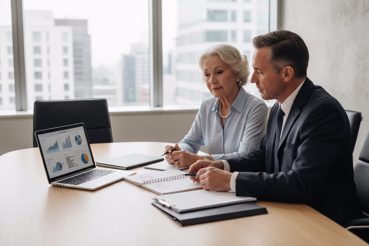 Elderly couple sitting across from a financial advisor in a modern office discussing insurance documents with a laptop on the desk