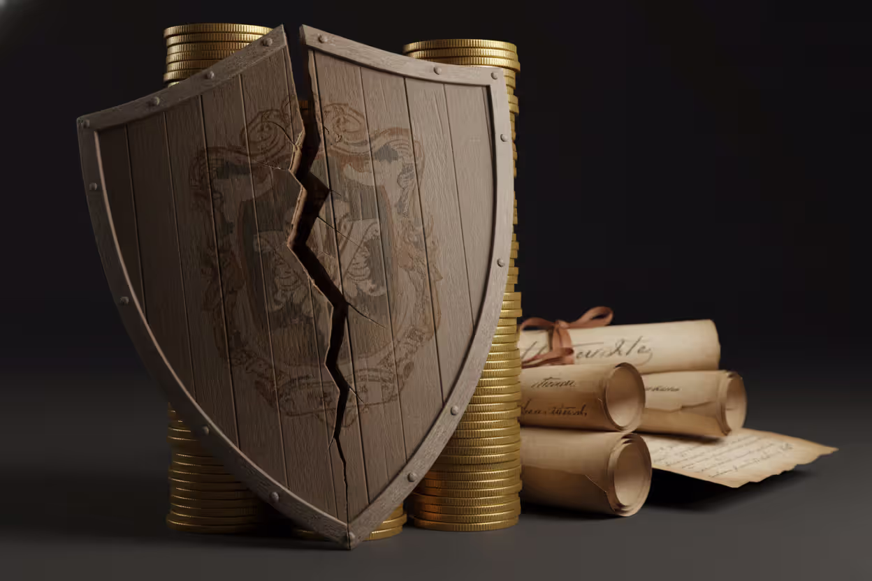 Cracked wooden shield in front of stacked gold coins and legal documents symbolizing unprotected inheritance on a dark background