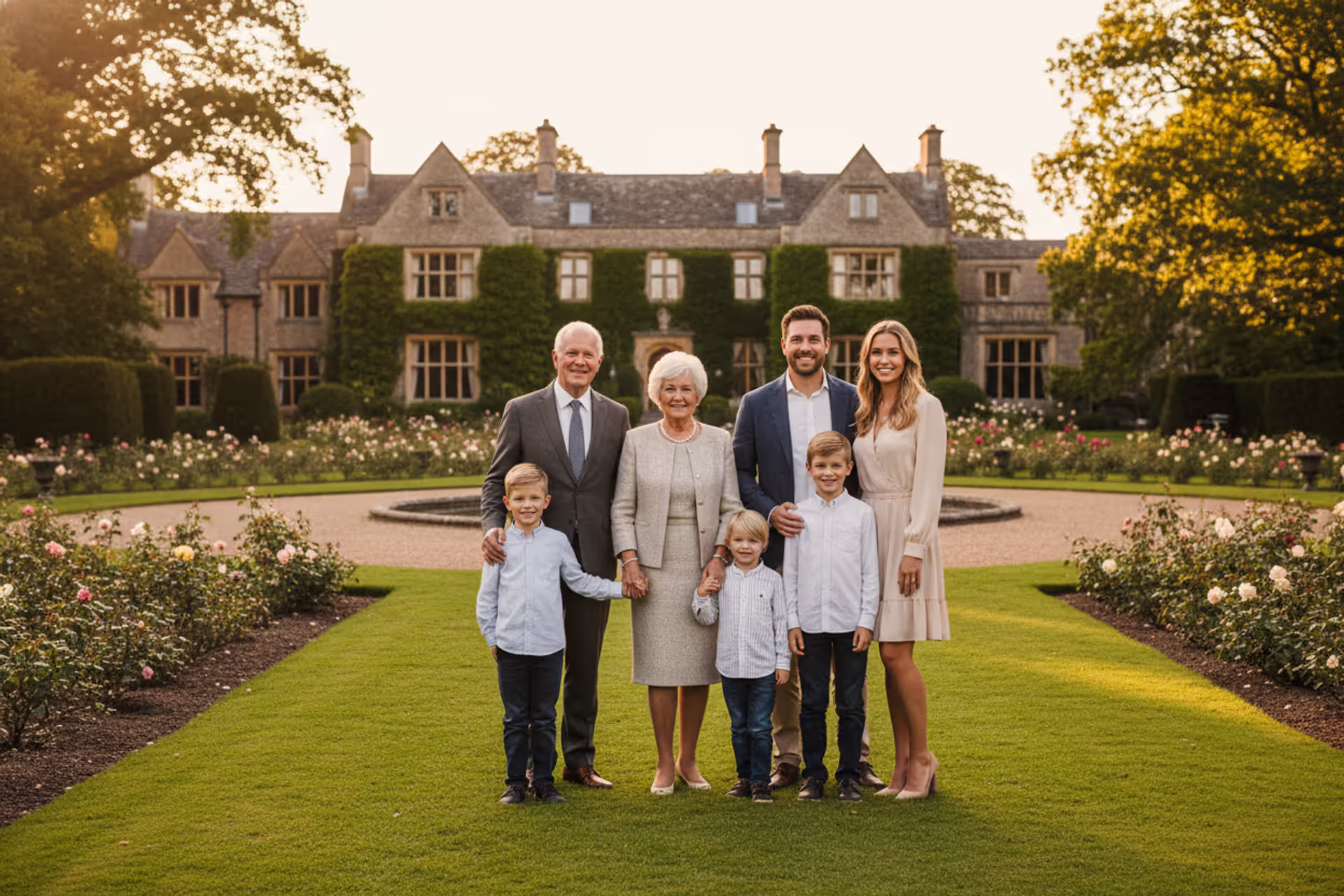 Wealthy multi-generational family standing together in front of a large estate property with a manicured garden during golden hour