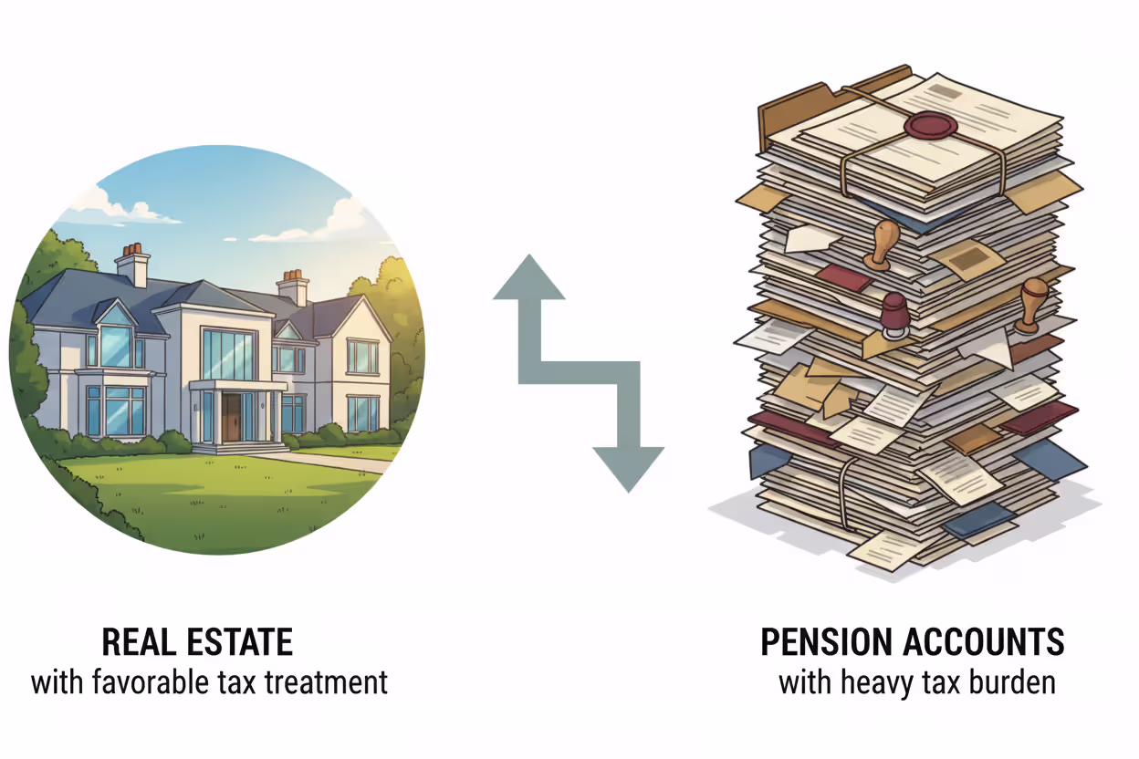 Contrasting inheritance paths showing a suburban house on one side and stacks of official financial documents on the other with diverging arrows between them