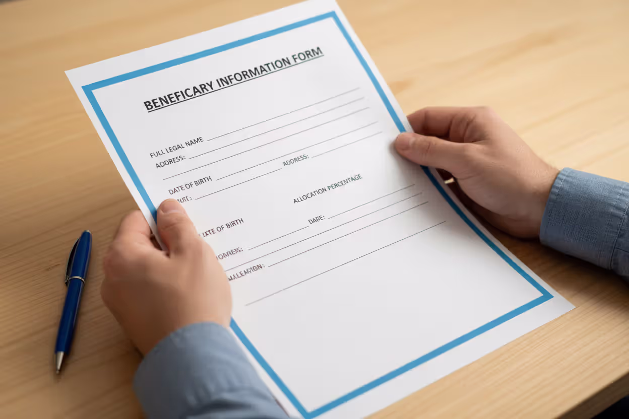 Close-up of hands holding a beneficiary designation form with a blue pen on a light wooden desk surface