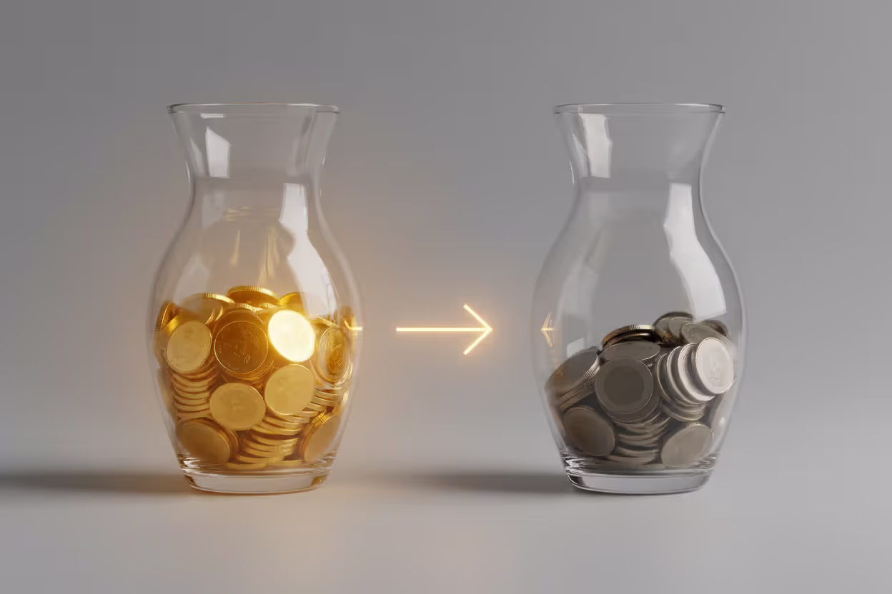 Two glass jars side by side one full of coins in warm golden light and one half empty in cool gray light with an arrow pointing from gray to gold symbolizing tax optimization
