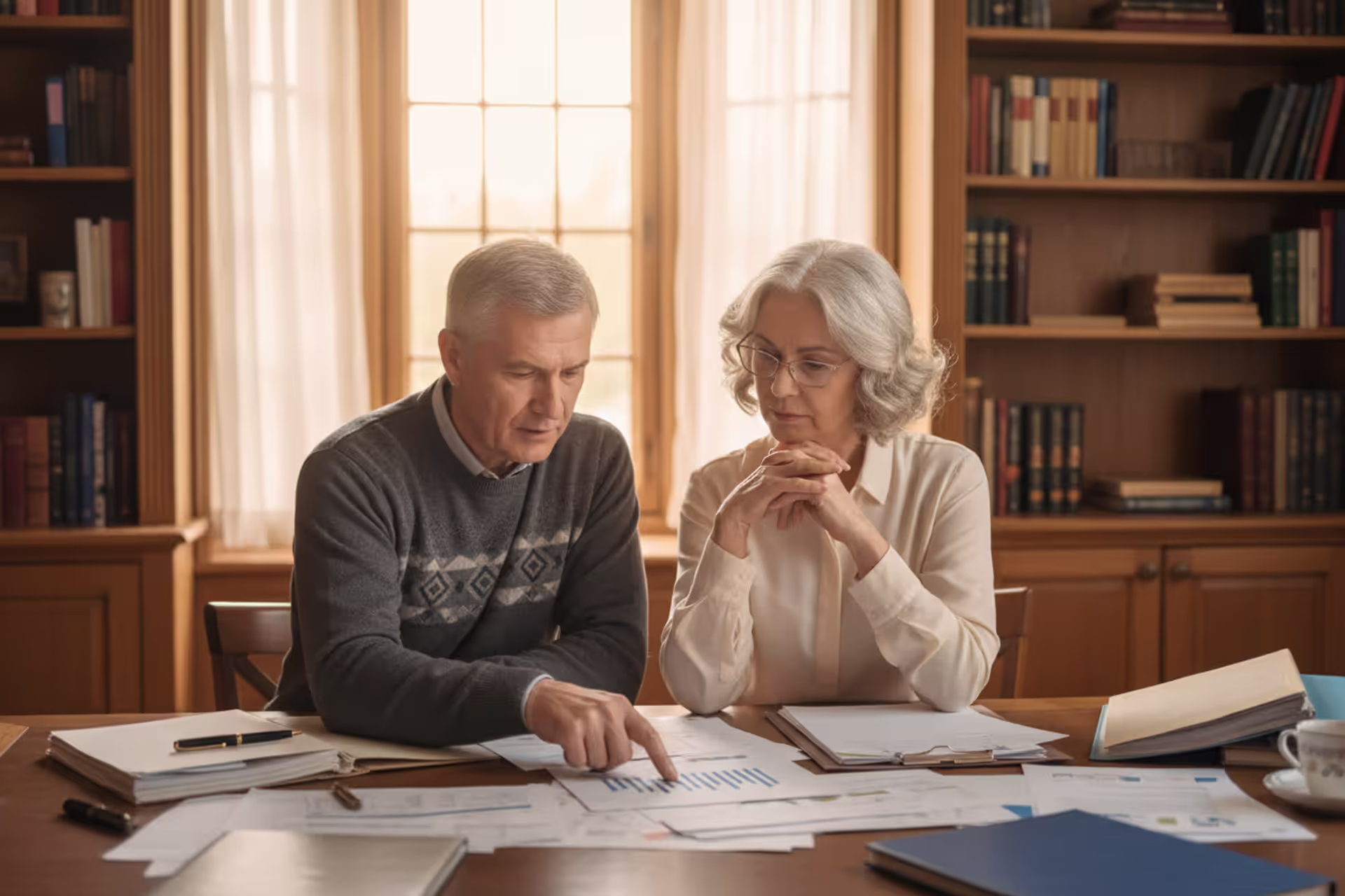 Mature couple reviewing financial estate planning documents together at a home office desk with soft natural light